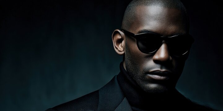 African american man wears sunglasses and turtleneck suit