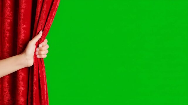 Hand Pulling Back Red Curtain on Green Screen - A fair-skinned hand gently pulls back a rich, red velvet curtain against a bright green screen background.