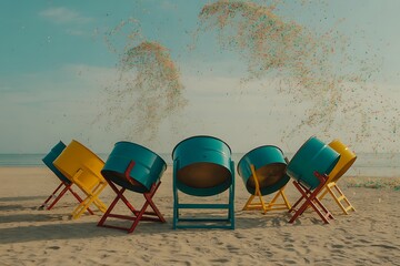 Vibrant steelpan drums with confetti burst on beach, capturing joyful celebration and festive atmosphere