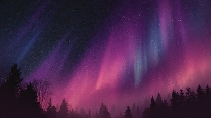 Fototapeta premium Aurora borealis over a silhouetted forest, vibrant purple and blue light