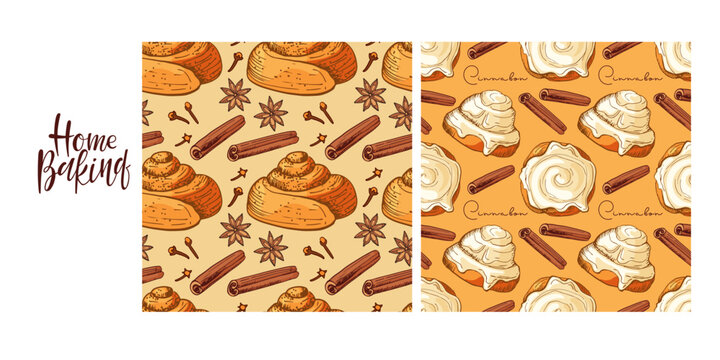 Seamless Pattern set with Cinnamon Bun, color sketch backgrounds, Pastry sweet bakery. Bun with cinnamon stick. Vector bun Repeated background for wallpaper, wrapping, textile, scrapbooking