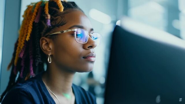 Young African American woman with multi colored dread locks in front of laptop monitor in office. Focused on her screen, she types quickly in a neat office with multi-colored dreadlocks visible.