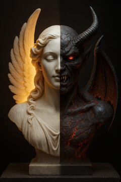 A dual sculpture: half angel with wings, half demon with horns and glowing eyes, symbolizing good versus evil in a monochromatic bust.