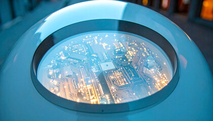 Fototapeta premium Technological Marvel: An illuminated circuit board encapsulated within a sleek, futuristic dome, showcasing intricate details and a glowing display.