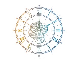 Abstract clock face illustration with gears, colorful gradient on white background
