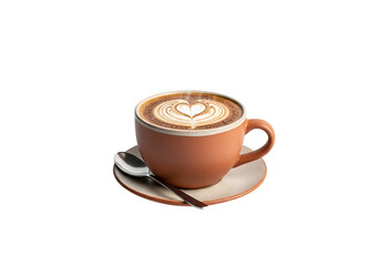 A terracotta-colored coffee cup filled with a latte, showcasing a delicate heart-shaped latte art design, sits on a saucer, with a silver spoon, against a stark black background.