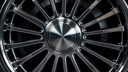 Polished metal wheel with radial patterns, showcasing industrial elegance under studio lighting.