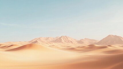 A vast desert landscape featuring rolling sand dunes and distant mountains under a clear blue sky.