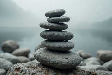 Stack of balanced stones. Symbolize balance, harmony, and mindfulness, particularly in Zen or spiritual contexts. 
