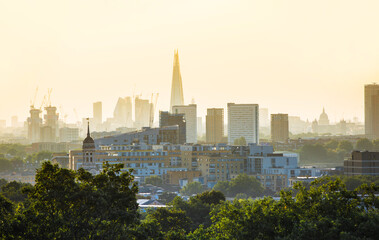 Naklejka premium City of London at sunset including The Shard of Glass, view from the Greenwich hill.