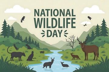 Celebrate National Wildlife Day with stunning illustrations of diverse animals in a serene natural landscape setting