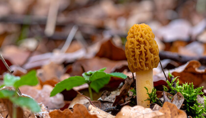 Golden morel mushroom in natural habitat during autumn season