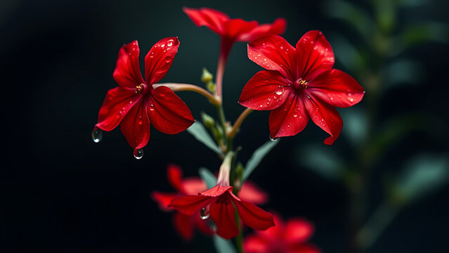 Vibrant Red Flowers with Raindrops Close Up Against a Black Background in Nature