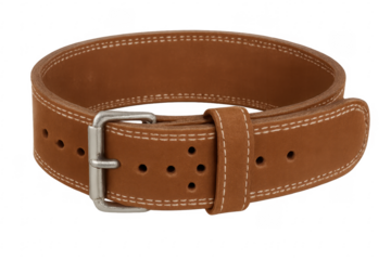 Brown leather weightlifting belt with metal buckle on transparent background