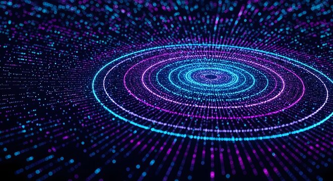 Abstract digital vortex of glowing blue and purple particles forming concentric circles, representing data flow and network connections in a futuristic technology concept - Powered by Adobe