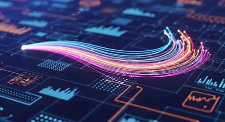 Abstract visualization of glowing fiber optic cables representing data flow and network connections on a digital background with charts and graphs