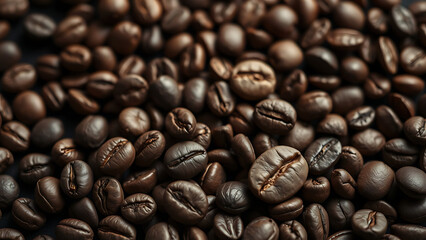 Obraz premium Variety of Roasted Coffee Beans on Black Background Showcasing Different Textures and Colors