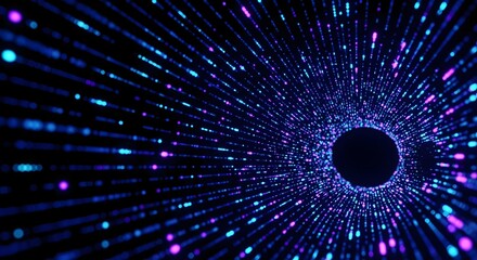 Abstract digital tunnel of glowing blue and purple particles, representing data flow and fast internet connection in a futuristic cyberspace