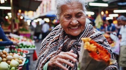 Elderly woman market flower bouquet smile outdoor vibrant cheerful senior holding orange bouquet traditional clothing candid urban scene local produce