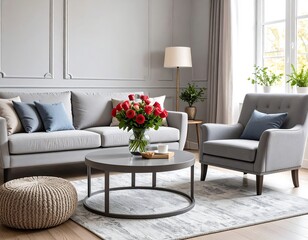 Modern living room with gray furniture and red flowers
