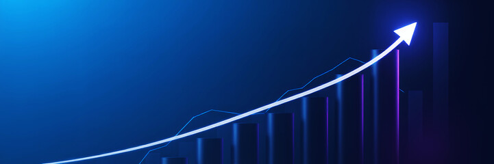 An upward trending arrow and graph with vertical bars against a blue gradient background