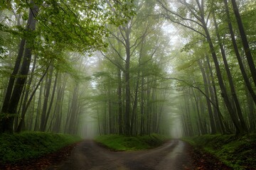 Fototapeta premium Morning forest road with foggy trees and autumn leaves