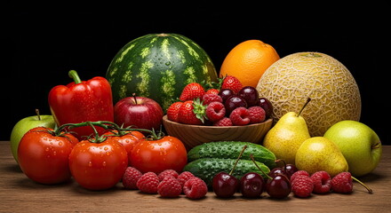 wet fruits and vegetables gathered on a black background