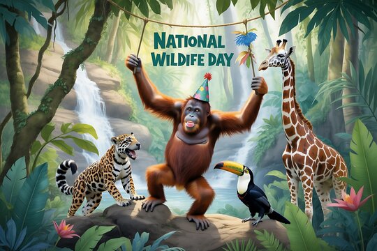 Celebrate National Wildlife Day with a fun jungle party with adorable animals like a jaguar, orangutan, giraffe and toucan for a wild time
