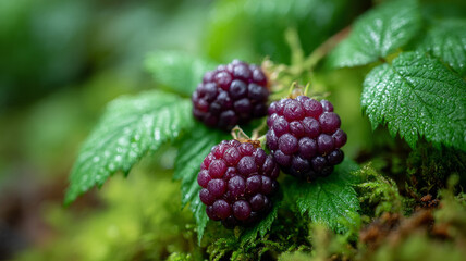 Three ripe blackberries on green leaves and moss.