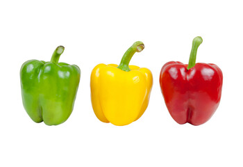 Three colorful bell peppers green yellow and red isolated on transparent background
