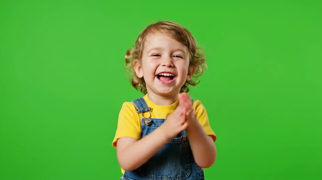 Joyful Toddler Clapping and Laughing on Green Screen - A happy toddler, wearing a yellow shirt and denim overalls, laughs and claps their hands enthusiastically against a bright green screen