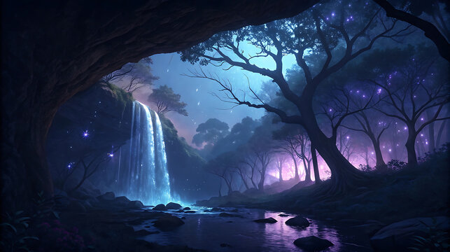 Magical waterfall in a fantasy forest cave with glowing lights