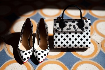 Stylish polka dot high heels paired with a matching handbag on a colorful tiled floor, showcasing a chic fashion ensemble with vibrant patterns and textures