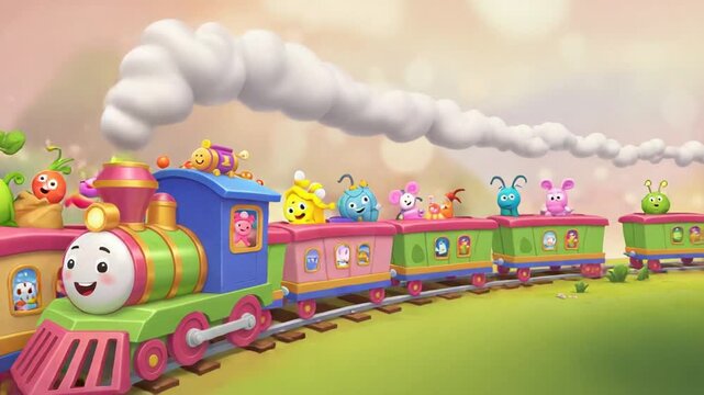 Colorful cartoon train with cheerful characters in nature