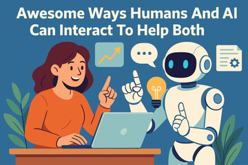 Flat vector illustration of a woman interacting with a robot assistant at laptop, symbolizing human AI collaboration. Concept of innovation, teamwork and digital technology
