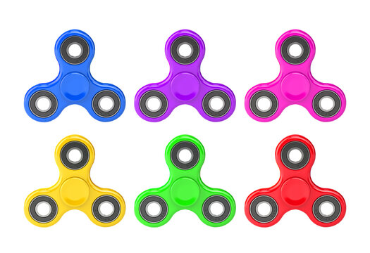 Collection of six colorful fidget spinners isolated on transparent background