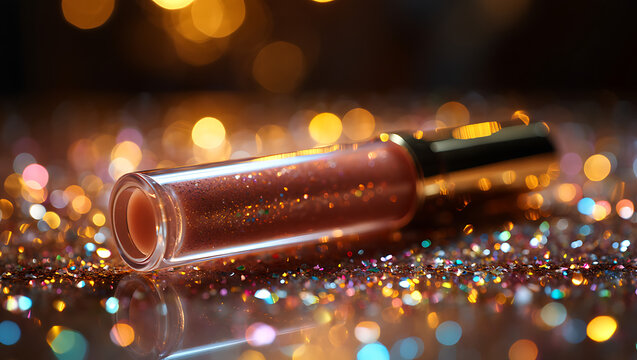 A shimmering tube of lip gloss rests on a surface covered in colorful glitter and bokeh lights, creating a festive and glamorous atmosphere