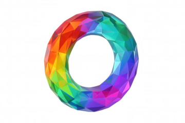Vibrant low poly torus spinning against transparent backdrop, ideal for graphic design elements
