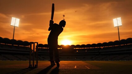 Cricket Batsman Silhouette at Sunset - The silhouette of a cricket batsman powerfully hitting a shot is captured against a vibrant sunset backdrop.