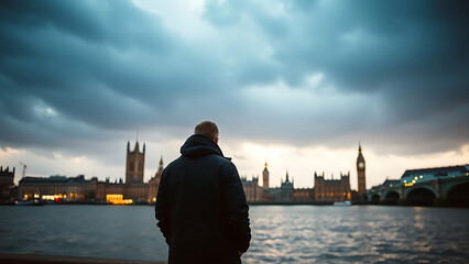 Solitary Figure by the Thames Under a Stormy London Sky