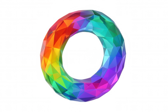 Vibrant low poly torus spinning against transparent backdrop, ideal for graphic design elements