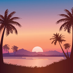 sunset, palm, beach, tree, tropical, sea, sky, sun, ocean, silhouette, sunrise, nature, summer, island, landscape, travel, water, palms, evening, orange, paradise, vector, vacation, hawaii, illustrati