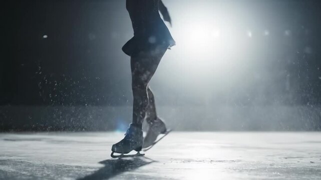 Figure Skater Spin Silhouette - Low angle view of a figure skater's legs and lower body during a fast spin, ice particles spraying around them in a dark, dramatic setting.