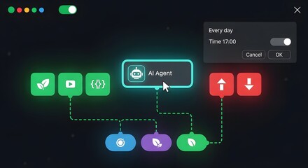 Artificial intelligence agent in a digital workflow, illustrating automation and machine learning processes with interconnected nodes and icons representing tasks and data flow