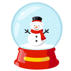 Christmas snow globe with snowman wearing hat and scarf, and falling snow on red stand. White background. Flat vector illustration.