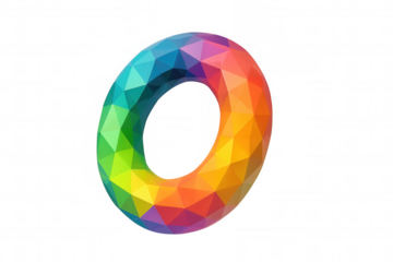 Vibrant low poly torus spinning smoothly, revealing geometric precision with dynamic color gradients against transparent backdrop