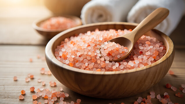 A wooden bowl filled with pink and orange bath salts, with a wooden spoon resting on top, and rolled white towels in the background, evoking a sense of relaxation and spa