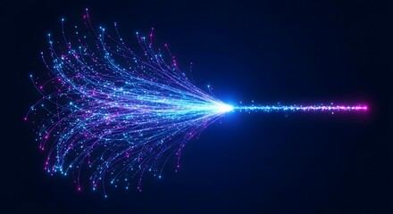 Abstract explosion of glowing blue and purple particles creating a dynamic, energetic flow against a dark background, symbolizing data transfer or cosmic energy