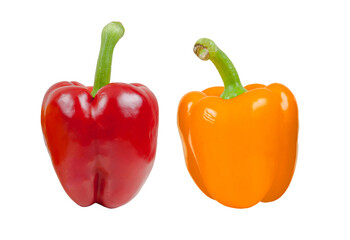 Two bell peppers red and orange isolated on transparent background