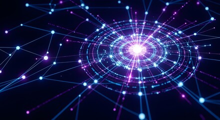 Abstract digital network with glowing blue and purple nodes and lines, representing technology, data, and connections in a futuristic system